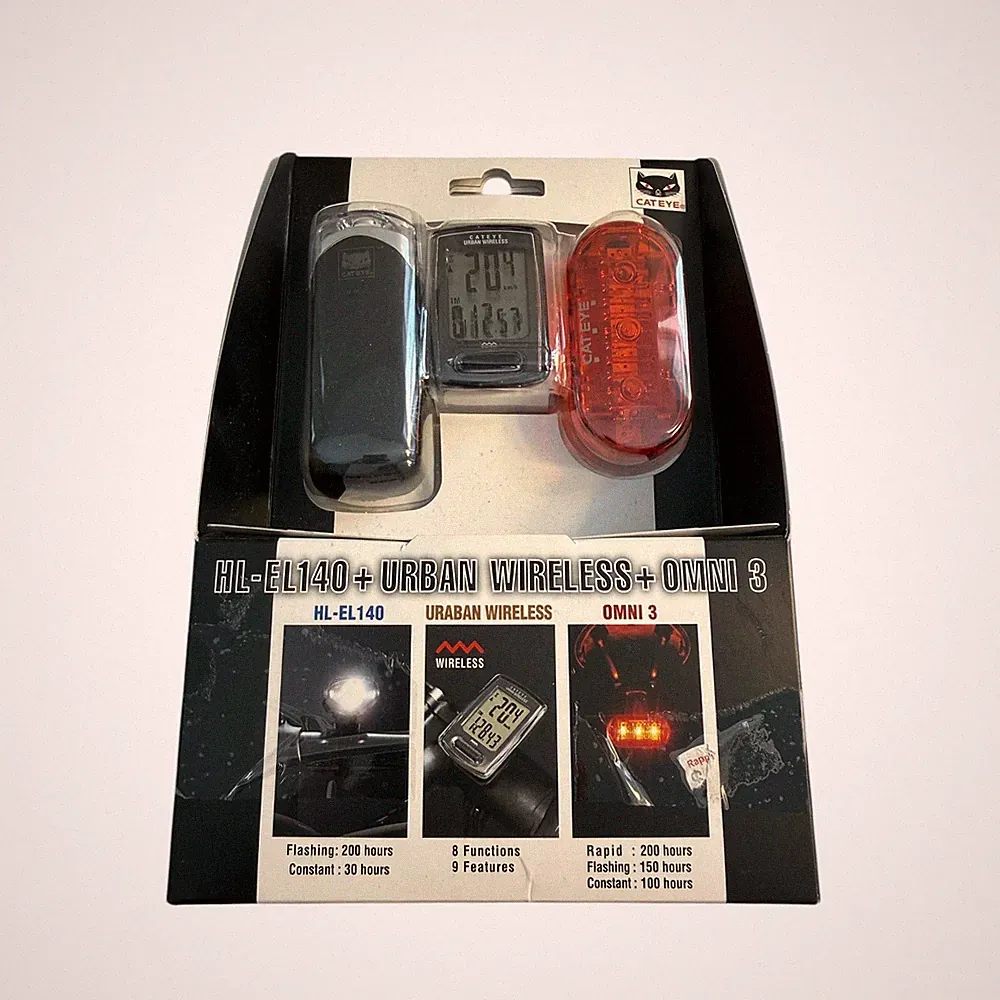 CatEye HL-EL140 Urban Wireless CC-VT240W Omni 3 Bicycle Light Computer Set